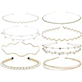 Lawie 8 Pack Skinny Rhinestone Pearl Sparkly Delicate Gold Metal Headbands Fancy Glitter Hair Bands Clasps Slim Thin Hard Hair bands Hair Hoops Cross Bands Crown Tiara Hair Holder Headpieces for Women