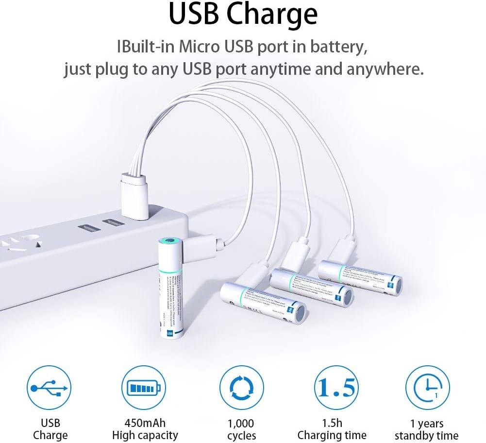 USB Rechargeable Lithium AAA Batteries Triple A Li-ion Battery with Micro USB Charging Cable 1.5V 450mAh 1h Quick-Charge FUVALY (4pack): Home Audio & Theater