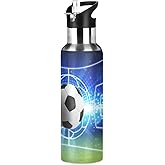 Sport Ball Football Galaxy Soccer Sport Water Bottle with Straw, Vacuum Insulated Stainless Steel Thermal Flask Leakproof BPA Free Drinking Bottle for Gym Fitness Camping-20oz/600ml