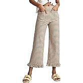 Acelitt Women's Gingham Pants Summer Casual Elastic Waist Straight Leg Ruffle Hem Stretchy Cropped Trousers with Pockets