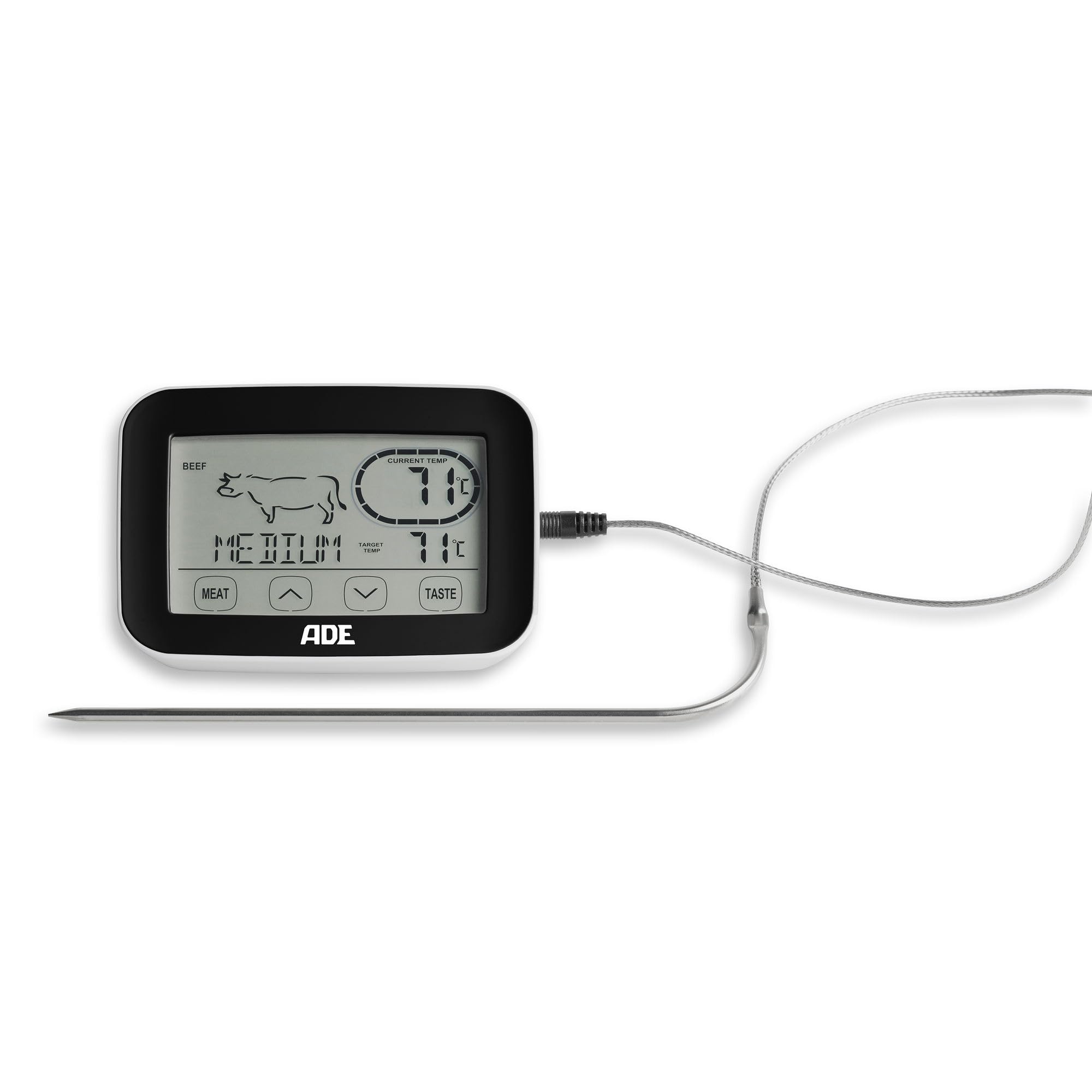 ADE BBQ1408 Thermometer for baked meat or barbecue with 7 types of meat and 5 pre-set cooking points. LCD touch display. Color Black / Silver. Batteries incl.