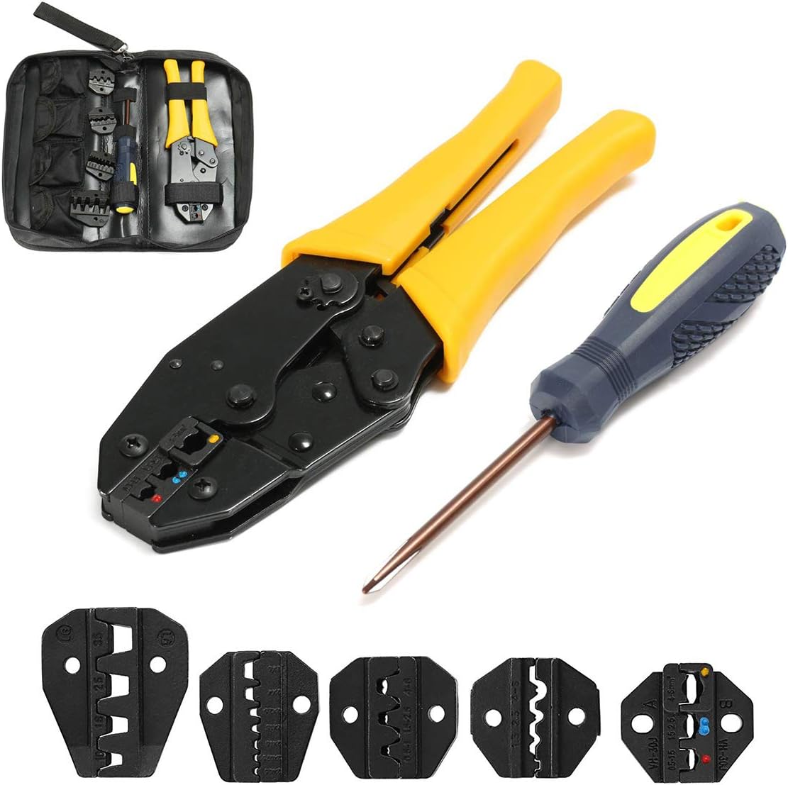 Mengshen Crimping Tool Kit, Ratchet Crimper with 5 Interchangeable Jaws