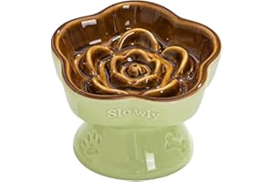Aquainno Ceramic Raised Slow Feeder Cat Bowl, Elevated Tilted Anti-Vomiting Pet Bowl for Cats & Small Dogs - Cute Flower Design, Non-Slip Base, Shallow Wide Dish for Dry/Wet Food (Coffee, 5.8 Inch)