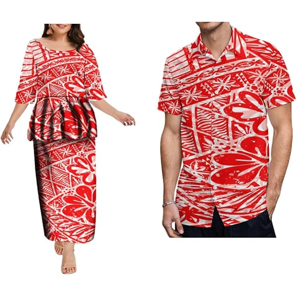 Couple Matching Hawaiian Outfit Set - Polynesian Tribal Print Aloha Shirt & Midi Dress For Beach Vacation & Luau - View #9