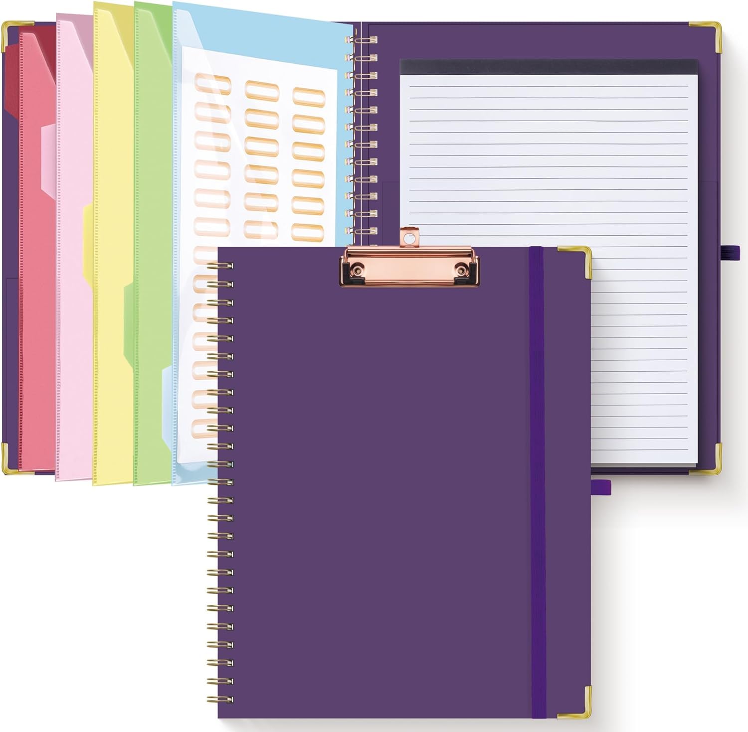 HAUTOCO Clipboard Folder with Replaceable Lined Notepad, Spiral Clipboard A4 with 5 Folder Dividers Storage Pockets, Nurse Pad Portfolio Organiser A4 Folio Clip Board for Office School, Dark Purple