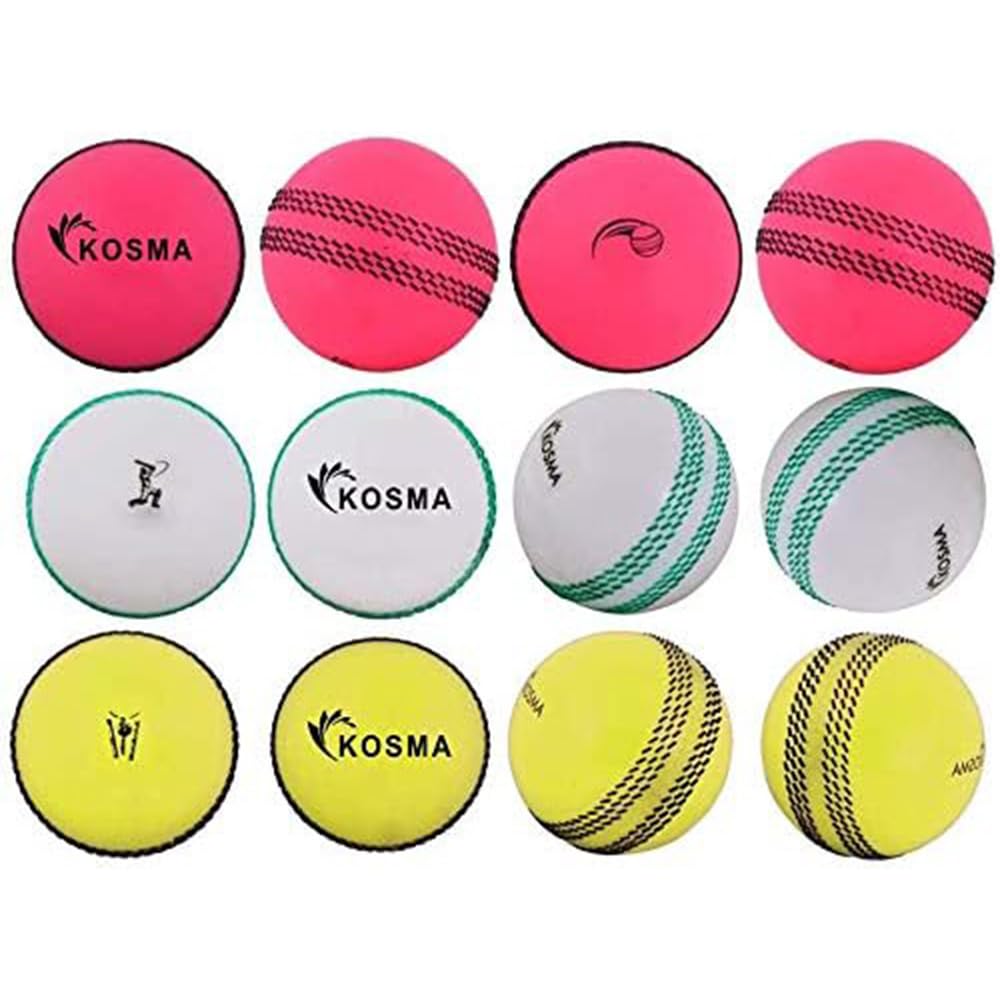 Kosma Pack of 12 Windballs Practice Cricket Ball | Soft Training Balls | Sports & Outdoors - Colour: 4Pc Pink with Black Seam, 4Pc White with Green Seam, 4Pc Yellow with Black Seam