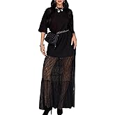 Famnbro Women Lace T Shirt Dress Crewneck Short Sleeve Loose Patchwork Mesh Sheer Sexy Summer Casual Maxi Dresses