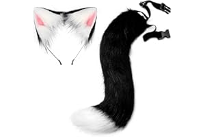 UPWalker Faux Fur Dog Ears Headband Furry Cosplay Fox Tail Halloween Costumes for Adult Black/White