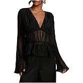 SHENHE Women's Bell Long Sleeve Deep V Neck Ruffle Hem Mesh Blouse Dressy Going Out Plissed Shirt