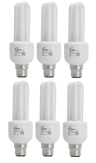 Made in India - 11 Watt - CFL 2 Tube (Compact Fluorescent Light) - Pack of 6 Bulbs - ISO 9001 2008 certified - Glean Lights