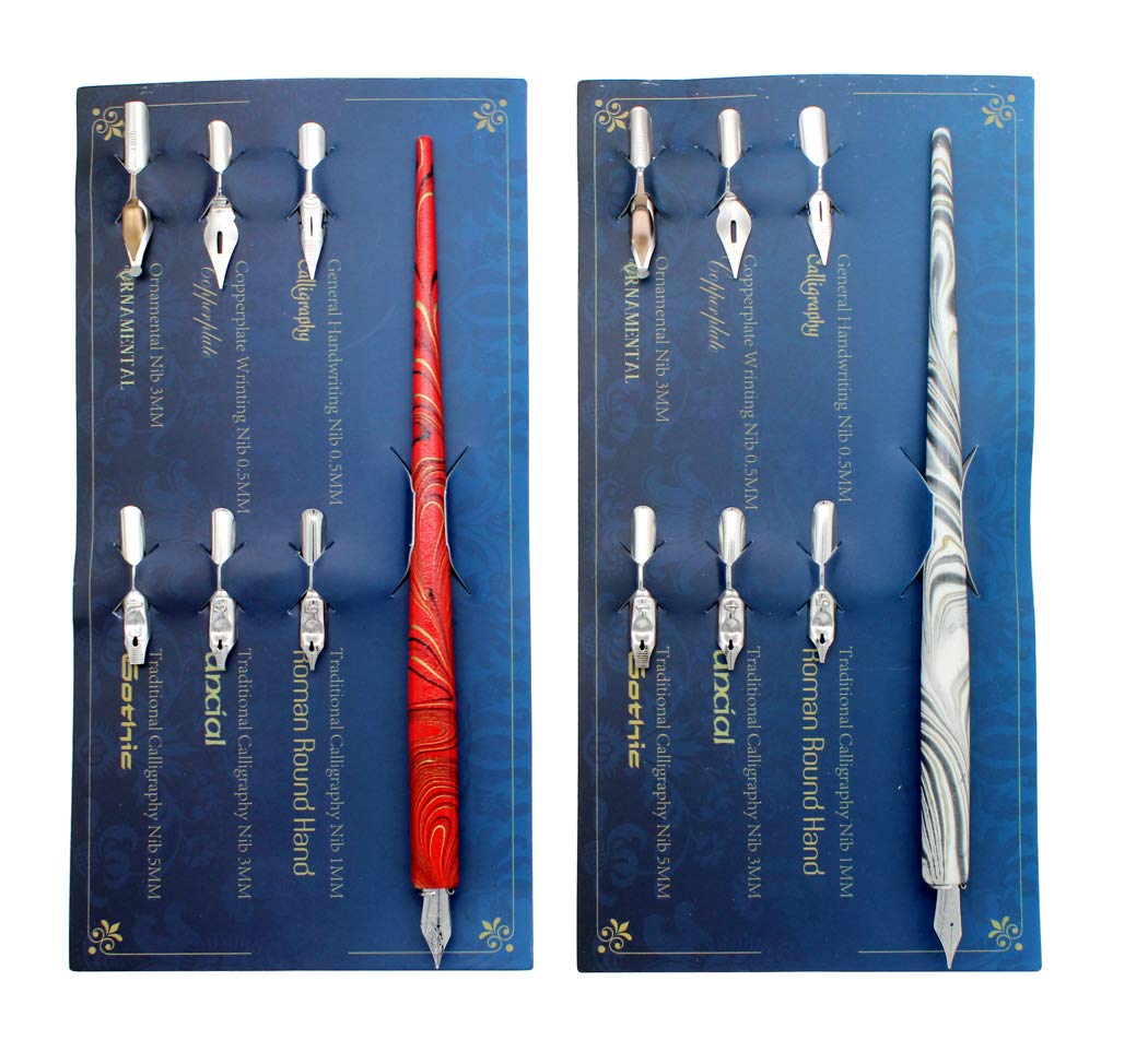 Hillento Marble Wood Manga Calligraphy Drawing Pen Kit, Professional Comic Dip Pen, Includes 2 Comic Pen Holders Handles, 12 Nibs for Lettering Sketching, Art, Calligraphy, Red and White