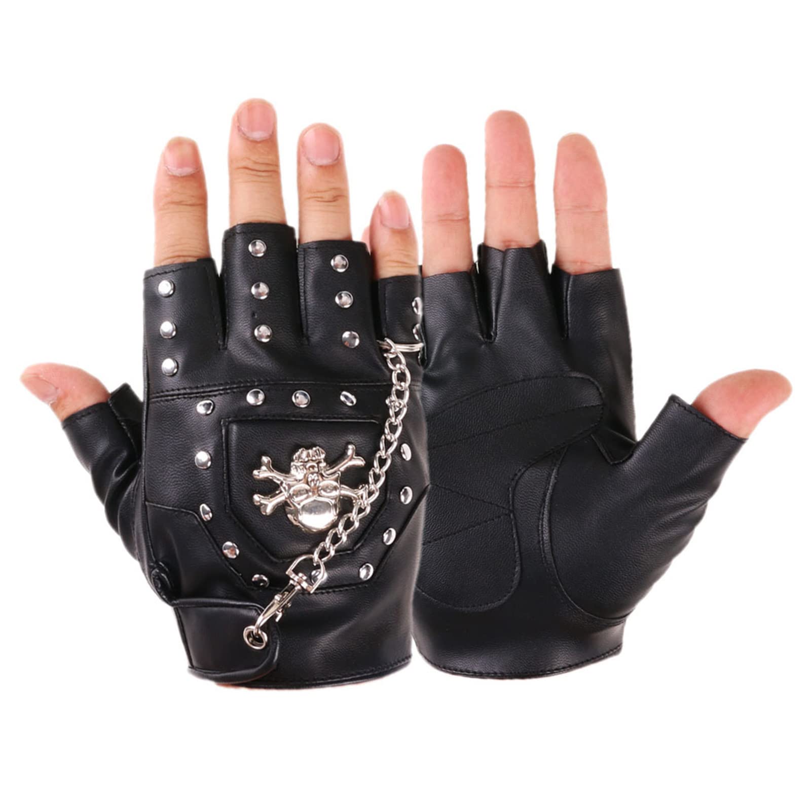 Kodbww Half Finger Punk Rivets PU Leather Gloves Black r Gloves with Metal Chain for Motorcycles Fingerless Dancing Mittens Pu