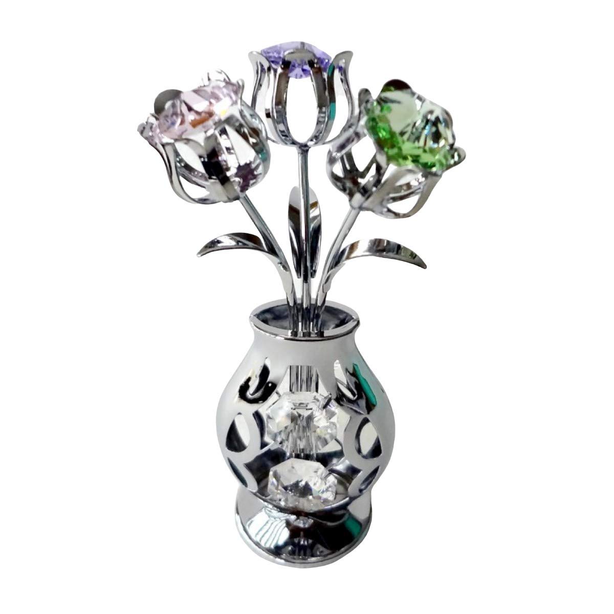 crystocraft 3 Tulip Flower Vase Crystal Ornament With Swarovski Elements Gift Boxed Purple Green Pink Crystals Silver Chrome Plated Perfect Keepsake Collectors Gift Figurine Home Decor