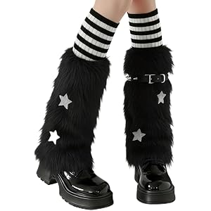 LAPUNIOT Women's Goth Furry Faux Fur Leg Warmers Y2k Kawaii Harajuku Punk | gyaru socks alt grunge emo gothic scene fluffy le
