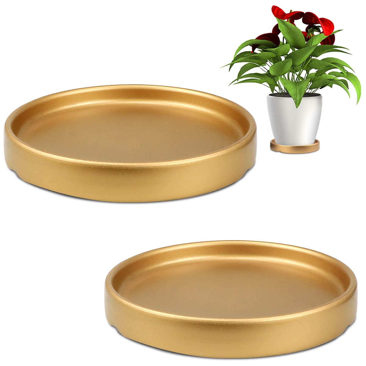 LNQ LUNIQI Round 4 Inch Ceramic Plant Saucer Drip Tray Set of 2 for Indoor Small Flower Pots Home Garden Outdoor Flower Plant Pot,Gold Saucers