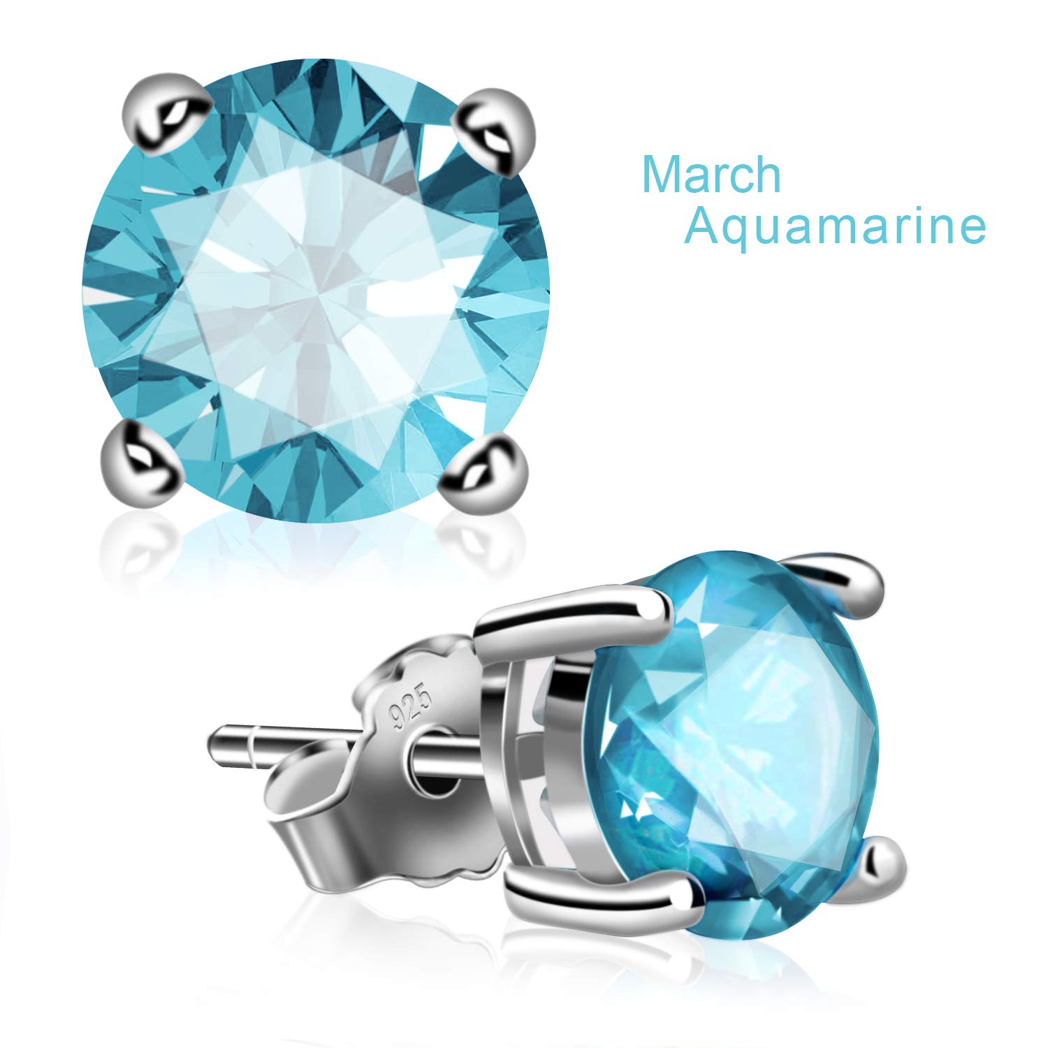 UHIBROS Sterling Silver Birthstone Stud Earrings Round Cubic Zirconia Diamond March Gifts