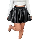 WDIRARA Women's Plus Size Faux Leather Flared Short Skirt High Waisted Skater A Line Skirts with Inner Pockets
