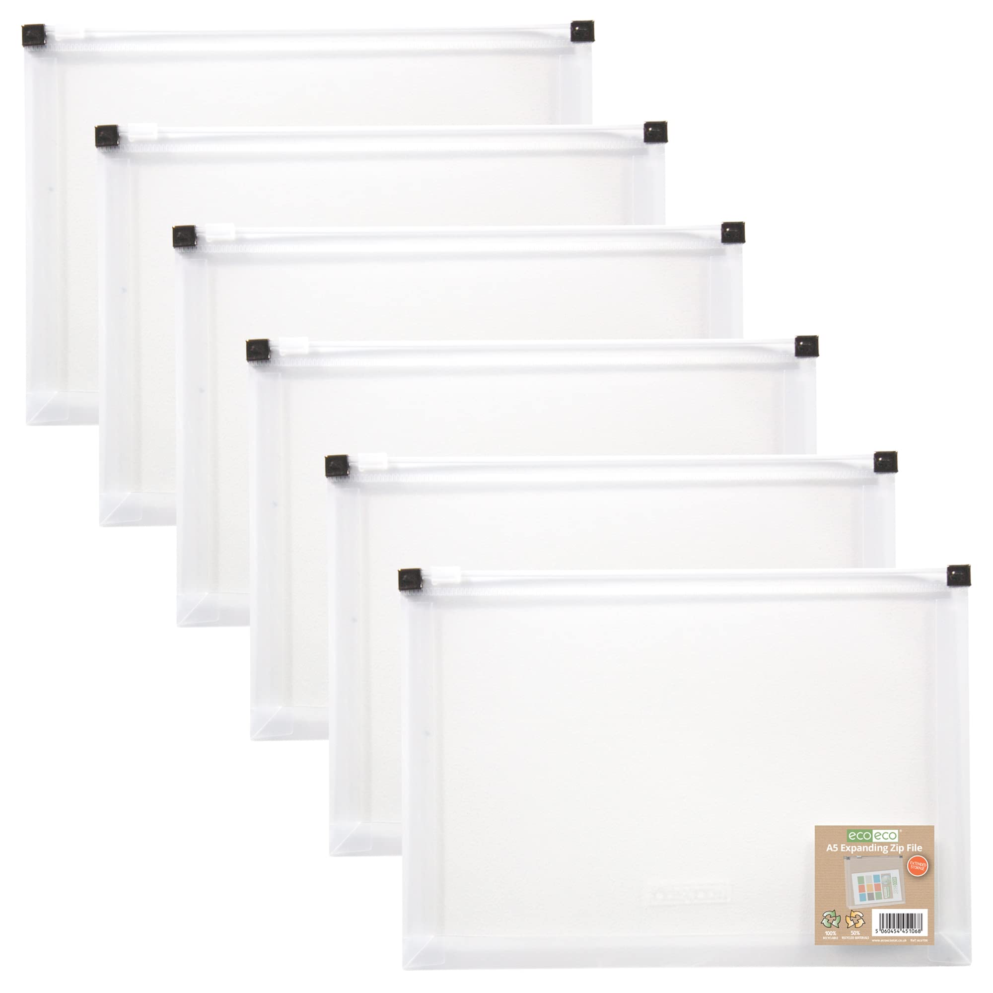 eco-eco A5 50% Recycled Expanding Zipper Expanding File Wallet,Clear (Pack of 6),eco106x6CLEAR