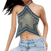 Women's Y2k Star Denim Halter Crop Top Backless Strapless Self-tie Sleeveless Tank Top Sexy Lace Up Camisole Rave Outfits Y2k Trendy Top