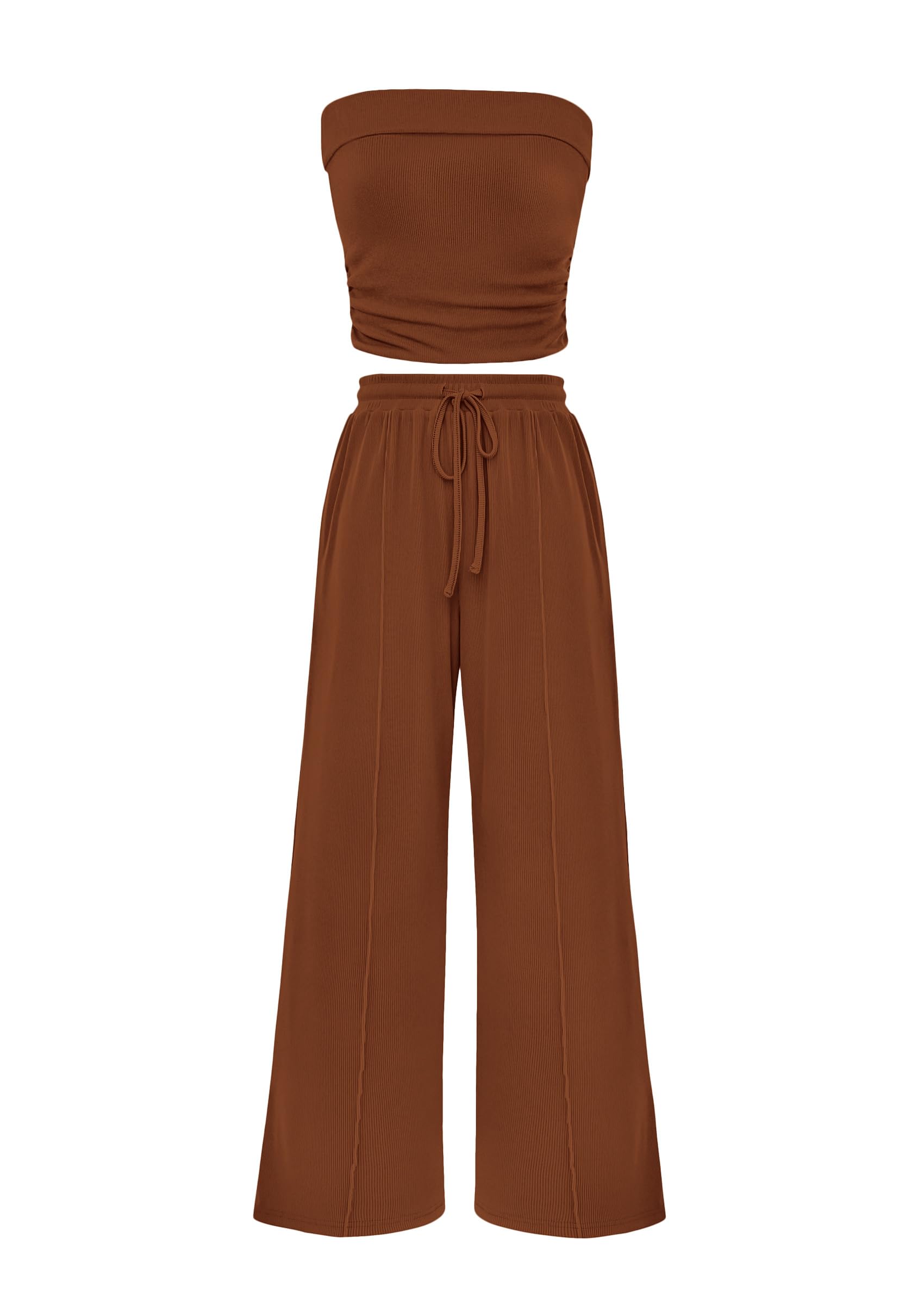 Photo 1 of ***Missing top***PRETTYGARDEN Womens Summer Outfits 2 Piece Sets Casual Ribbed Knit Crop Tube Top Wide Leg Pants Spring Matching Lounge Set(Brown,X-Large)