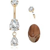 LOAYHOAY 14G G23 Pure Titanium Dangle Belly Button Ring for Women Dangling CZ Navel Ring Teardrop Curved Barbell Belly Rings Internally Threaded Belly Piercing Jewelry