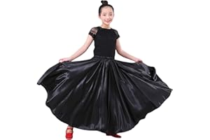 AUMULEN Girls Satin Full Circle Ankle Length Swing Long Skirt Belly Dance Performance Costume for School Children 8-12 Years