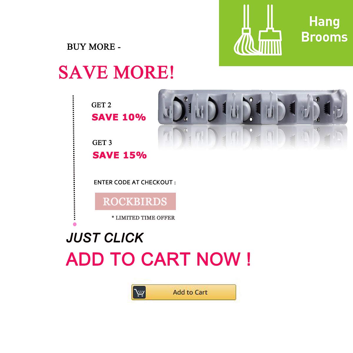 RockBirds Broom Mop Holder, T56 Multipurpose Wall Mounted Organizer, Ideal Broom Hanger Solution for Kitchen, Garage, Warehouse (5 Position with 6 Hooks)