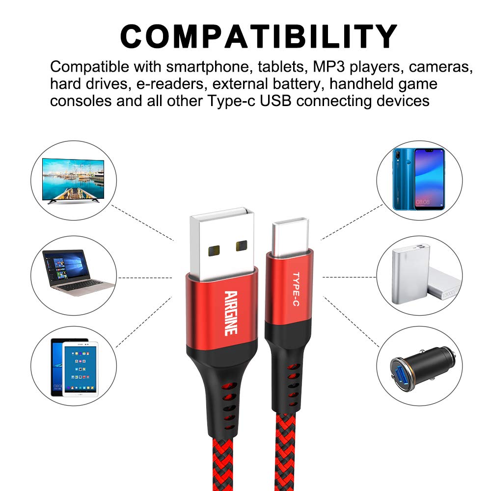 USB Type C Cable, AIRGINE Nylon Braided Fast Charging Cord (2Pack, 6.6ft, Red) Compatible for Samsung Galaxy S9 Plus S8 Plus Note 9 and Other Type C Cable Design Devices