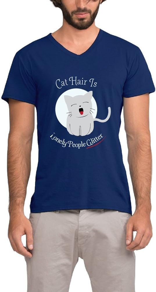POKA Men's Lucky Cat Hair Is Lonely People Glitter T Shirt V Neck