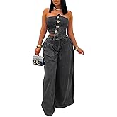 KANSOON Denim Set for Women 2 Piece Sexy Tube Top and High Waist Wide Leg Jeans Pant Outfit Streetwear