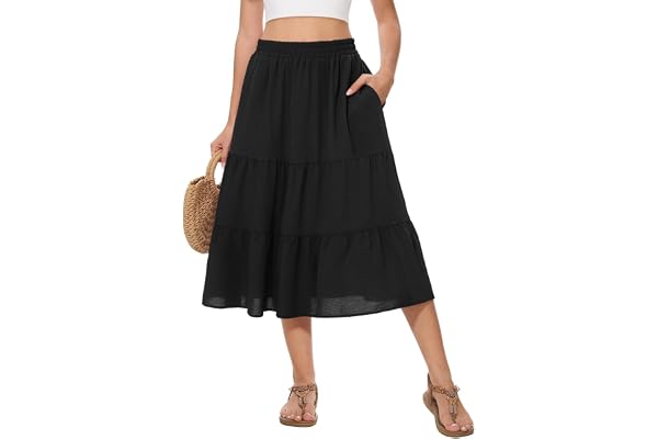 AYIFU Women's Midi Skirt Tiered Flowy High Waist A-Line Elastic Ruffle Casual Skirt with Pockets Lightweight Breathable