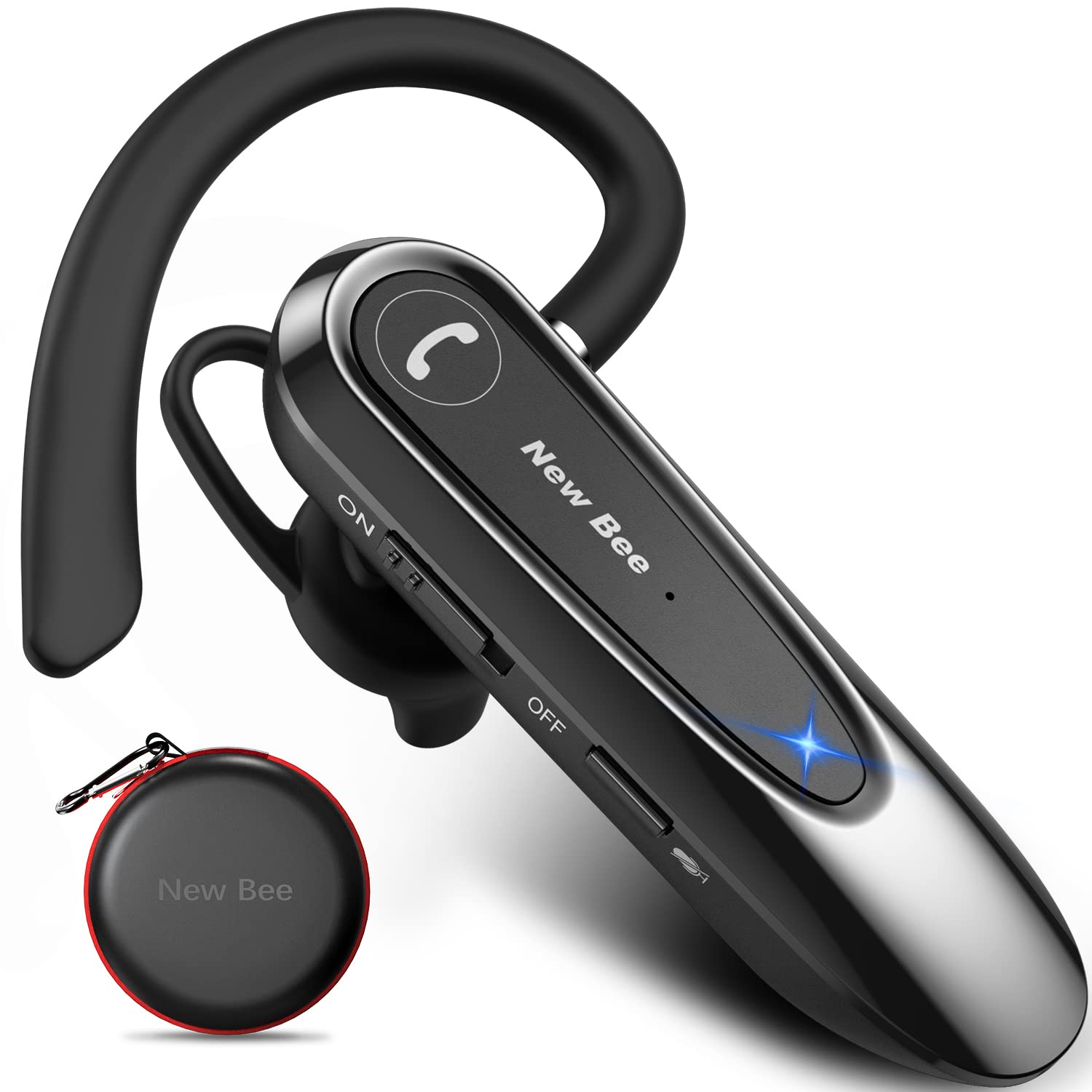 New Bee Bluetooth Headsets with Dual Mic V5.0 Handsfree Bluetooth Earpiece with 25 Hrs Talking Time Mic Mute Two Device Connection for iPhone, Android and Laptop