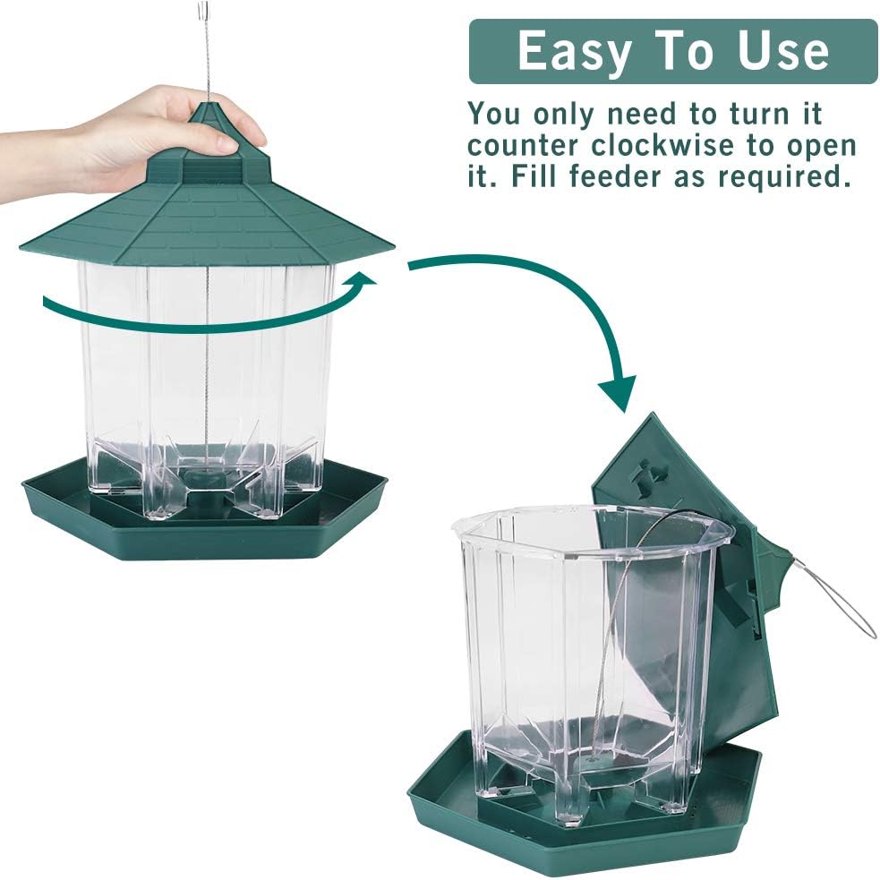HIPPIH Wild Bird Feeder Hanging for Garden Yard Outside Decoration, Hexagon Shaped with Roof Hanging Panorama Bird Feeders for Mix Seed Blends, Classic Green : Garden & Outdoor