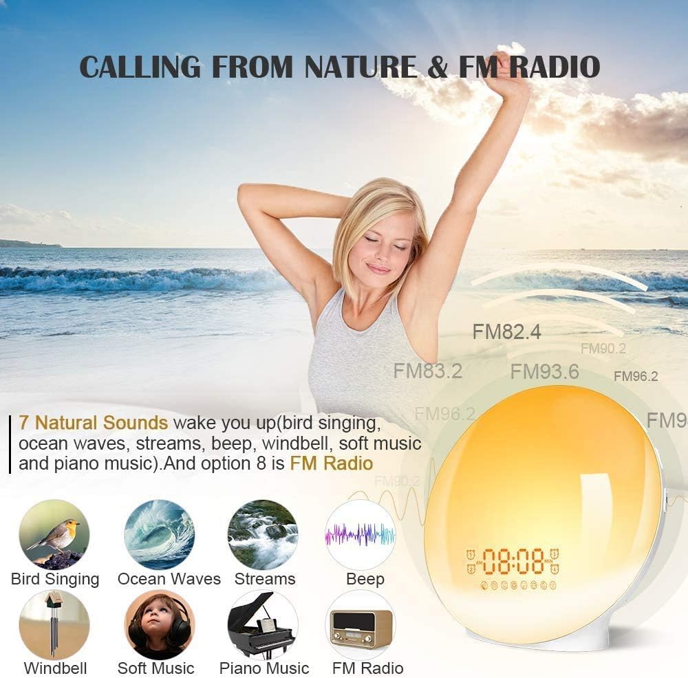 Wake- Up Light, LBell 7 Colored Night Light/Sunrise Simulation & Sleep Aid, Dual Alarm Clock with FM Radio, 7 Natural Sounds and Snooze for Kids Adults Bedrooms/Night Light Ambiance: Electronics