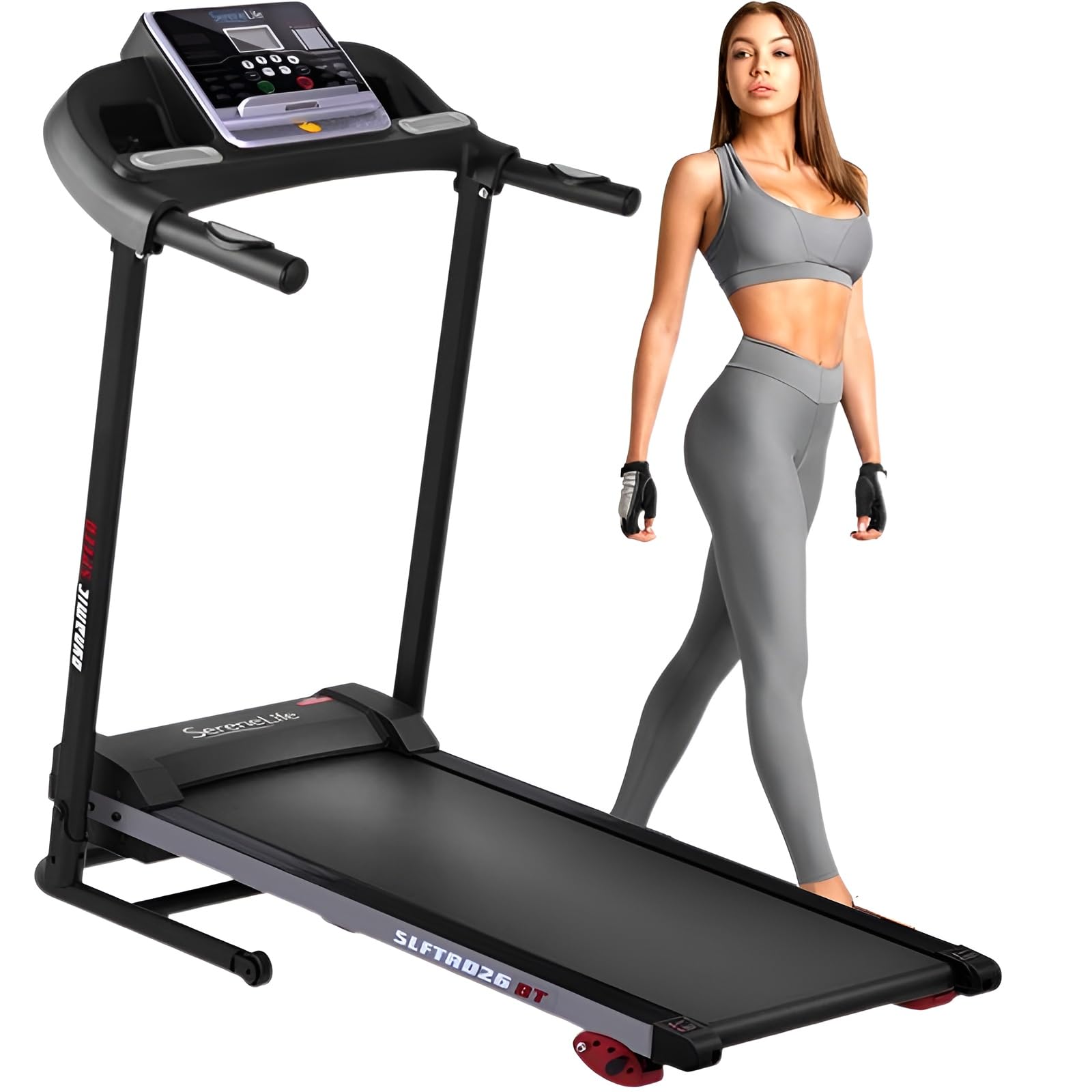 Photo 1 of SereneLife Folding Treadmill - Foldable Home Fitness Equipment with LCD for Walking & Running, 6 MPH Speed, 1HP Motor, Cardio Machine, 4 Manual Incline Levels, 12 Programs, Bluetooth, 265lbs Capacity