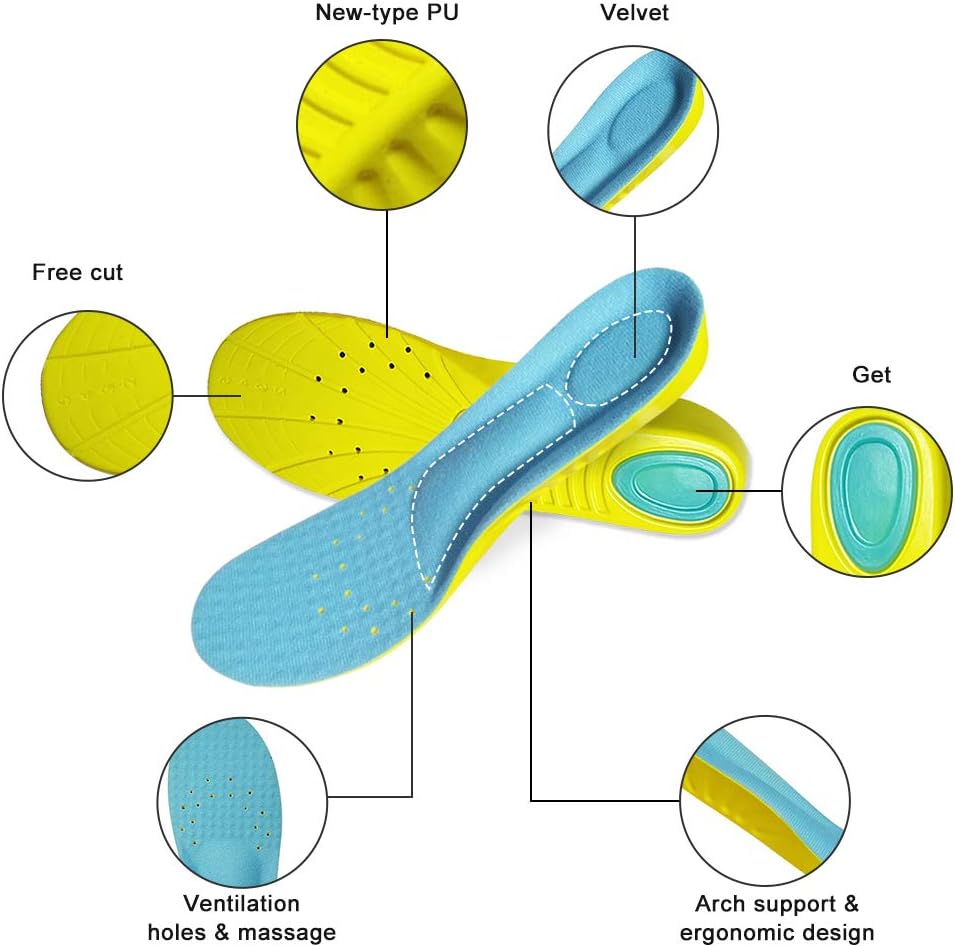VoMii PU Memory Foam Insoles Plantar Fasciitis Arch Support Insoles for Women Men and Kids, Comfortable Breathable Sports Shoe Inserts, Shock Absorption and Relieve Foot Pain, M(Men 6-9/ Women 7-11): Health & Personal Care