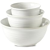 HASENSE Ceramic Mixing Bowls Set, 2.1/1.0/0.5 Qt, Handmade Salad Serving Bowls for Kitchen, Deep Nesting Dishes for Storage and Baking, Microwave Dishwasher Safe, Clay-Infused White