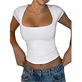 Women Square Neck Crop Top Short Sleeve T Shirts Slim Fitted Going Out Tops Summer Basic Tees