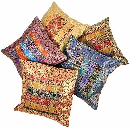 Little India Hand Embroidery Brocade Work Silk 5 Piece Cushion Cover Set - Multicolor (DLI3CUS449)