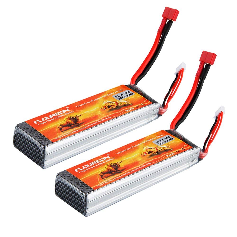 FLOUREON Lipo 3S 30C 11.1V 3000mAh T Plug Rechargeable RC Battery Pack for Car Truck Boat Traxxas Slash Emaxx Monster HPI Kyosho UAV FPV Drones DIY Hobby and More (2pack)