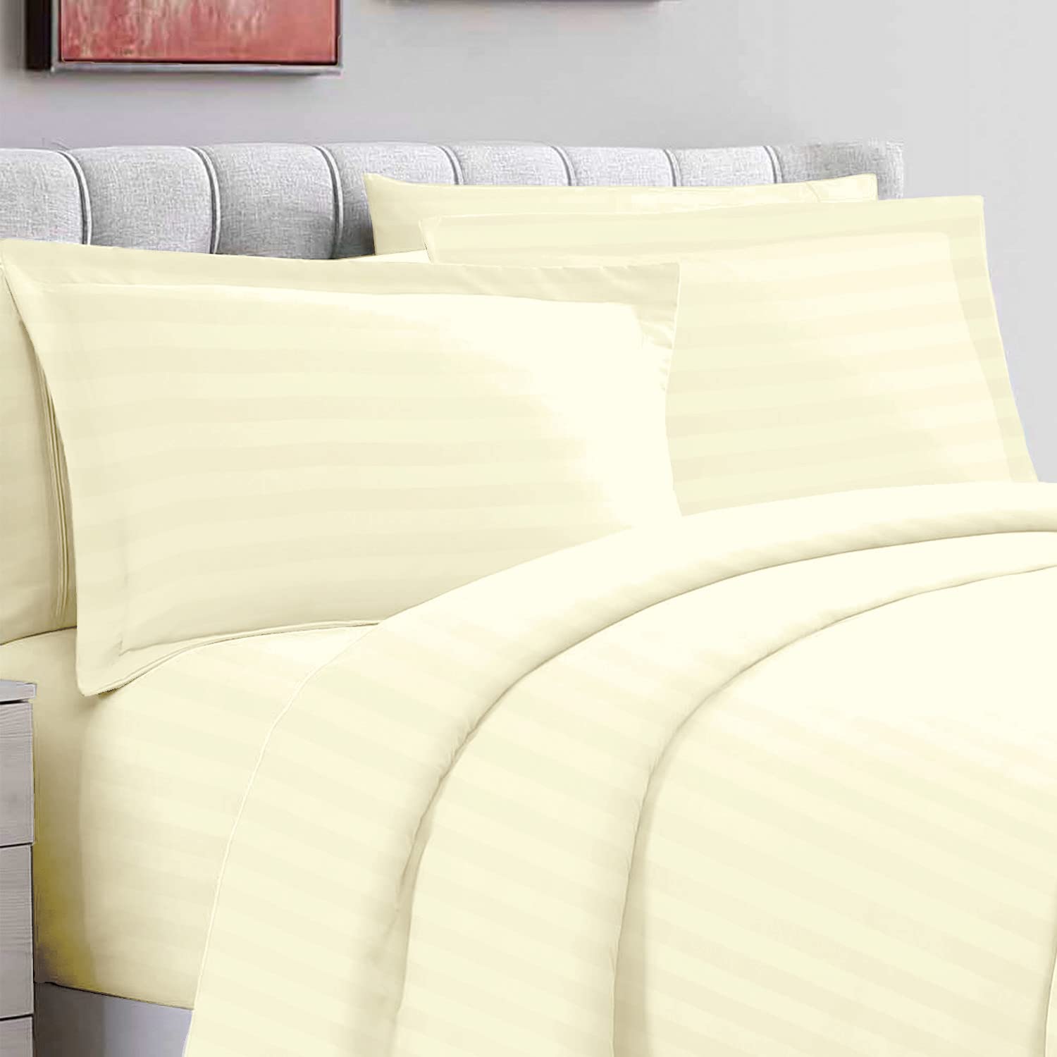 Cream Satin Striped Bedding Cotton King Size Pillow Cases 2 Pc, 300 Thread Count 100% Long Staple Cotton Pillow Cover, Sateen King Pillow Cases 50 x 90cm (Damask Bedding Set) - Pizuna — image 1