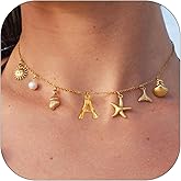 Gold Beach Charm Necklace for Women Summer Shell Charm Necklaces 18K Gold Plated A-Z Initial Dainty Chunky Seashell Starfish Letter Pendant Boho Surfer Name Jewelry Gifts