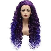 Meiyite Hair Curly Long 26inch Purple Root Light Purple Ombre Half Hand Tied Heavy Density Synthetic Lace Front Wigs