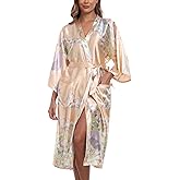 BestWendding Women's Satin Kimono Robes Floral Patterned Long Bathrobe Silky Dressing Gown Bridesmaid Robes with 2 Pockets