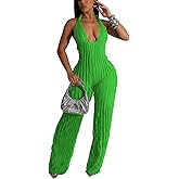 Adogirl Summer Sexy Halter Jumpsuits for Women V Neck Tie Knot Pleated Boho One Piece Wide Leg Long Pants Jumpsuit Romper