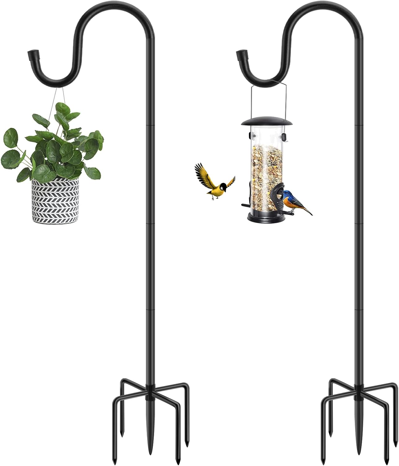Outdoor Shepherd's Hooks - MIUVIBENI Shepherds Hooks for Outdoor, 72 Inches Heavy Duty Garden Bird Feeder Pole for Hanging Bird Feeder, Plant Baskets, Solar Light Lanterns, Outdoor Plant Hanger Hook with 5 Base Prongs,2 Packs