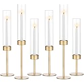 Glass Hurricane Candlestick Holders Gold - Romadedi Set of 6 Taper Candle Holder Bulk Tall Clear Glass Cylinder Table Centerpiece Wedding Decor Party Birthday Christmas Home Decorations