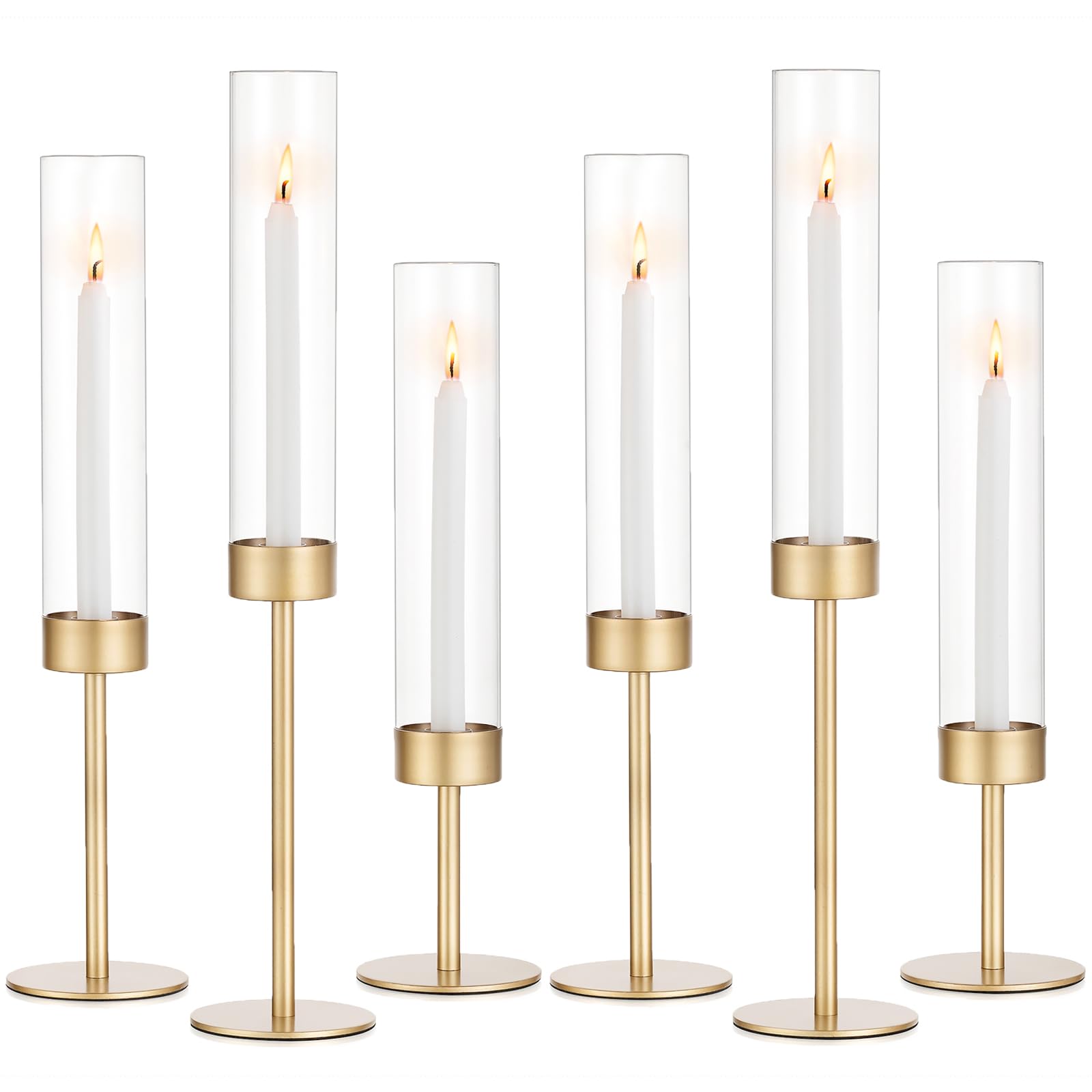 Photo 1 of *** PARTIAL SET *** Glass Hurricane Candlestick Holders Gold - Romadedi Set of 6 Taper Candle Holder Bulk Tall Clear Glass Cylinder Table Centerpiece Wedding Decor Party Birthday Christmas Home Decorations