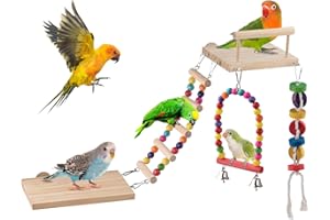 DBNESS 5in1 Bird Parakeet Toys, Detachable Birdie Perches Platform Swing with Climbing Ladder, Parrot Cage Stand Accessories, Wooden Playing Gyms for Conure Cockatiel Lovebird Finch Budgerigar Pigeon