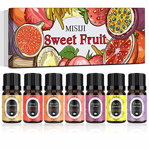 Fruity Essential Oils Set, 7 x 10ml/0.33fl.oz Premium Aromatherapy Oils for Diffusers, Humidifiers, Candle, Soap Bath Bomb Making, Fruit Fragrance Oils for Yoga, Massage, Skin, Room, Relaxing, Calming.